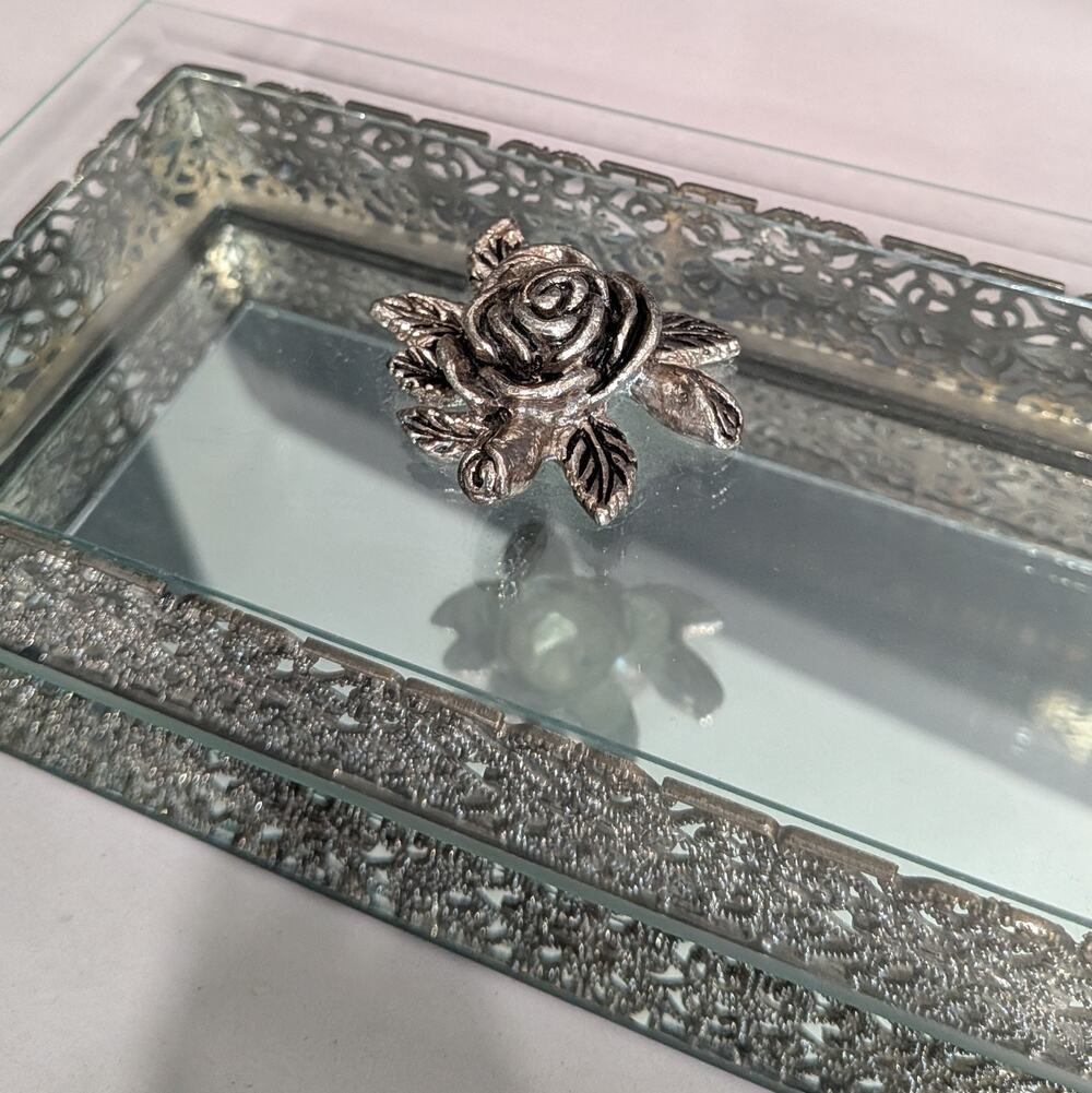 Vintage Silver Trinket Box Mirrored Belelved Glass Hollywood Regency Cottagecore
